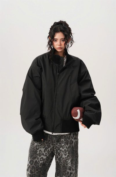 Áo Khoác Bomber Đen Oversize Bo Chun Áo Khoác Bomber Đen Oversize Bo Chun
